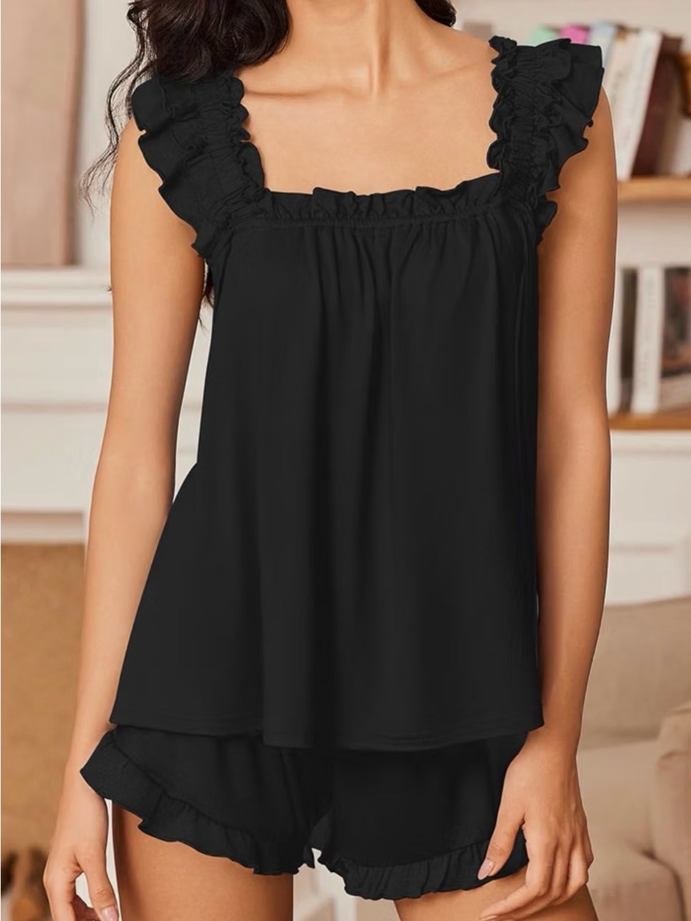 Ruffle-Trim Two-Piece Sleep Set - Black